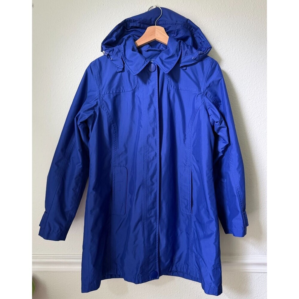 L.L. Bean Women’s Blue Hooded Mid-Length Rain Coat Zip/Button Front Size XS Wool